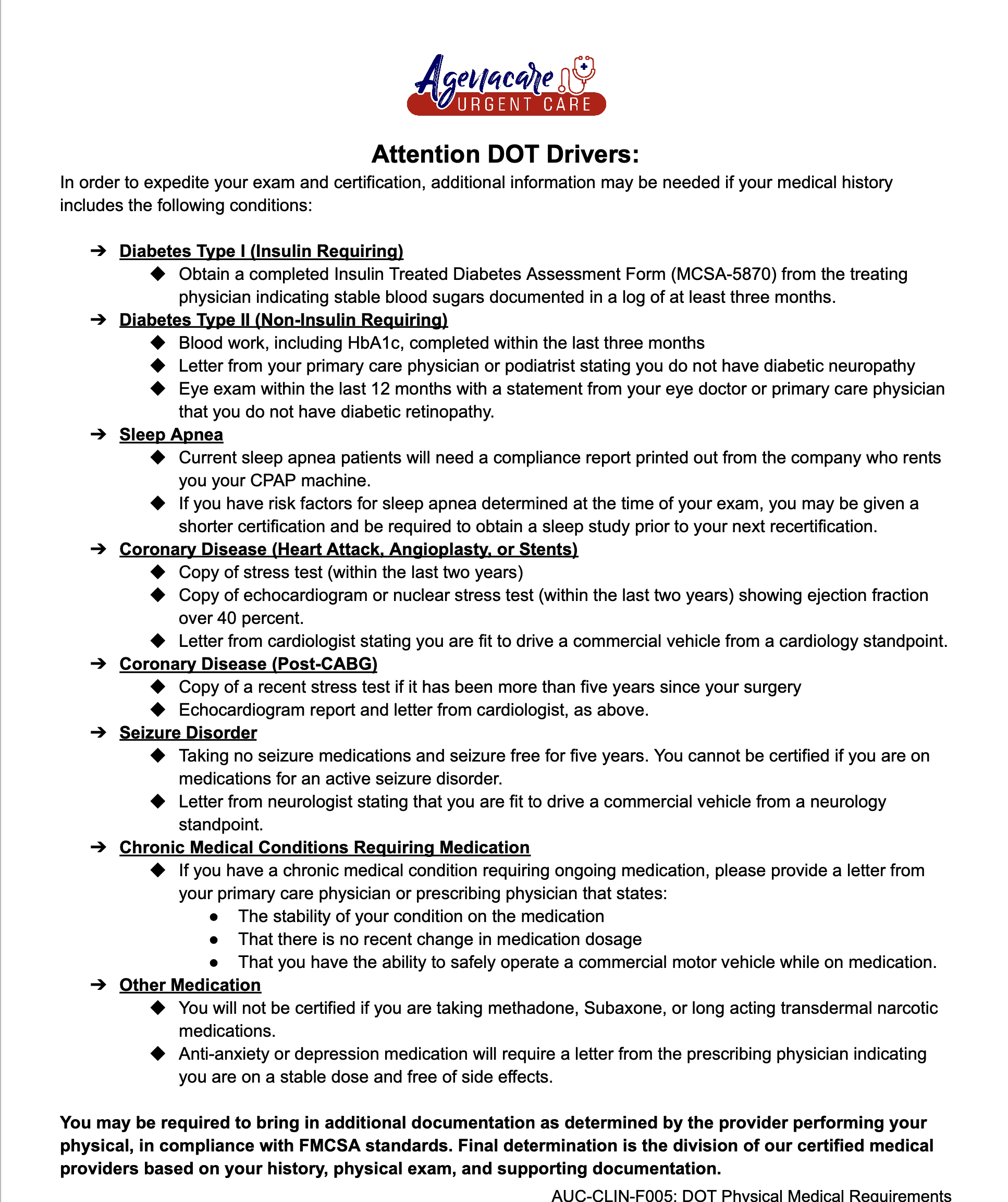 AUC-CLIN-F005: DOT Physical Medical Requirements